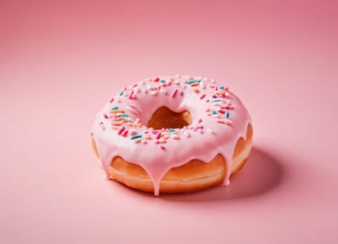 A simple and appetizing image of a donut with a glossy, smooth, pink icing and colorful candies on top, against a monochromatic pink background. The image showcases the texture and color of the donut, creating a sweet and delightful mood.