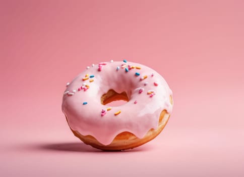 A simple and appetizing image of a donut with a glossy, smooth, pink icing and colorful candies on top, against a monochromatic pink background. The image showcases the texture and color of the donut, creating a sweet and delightful mood.