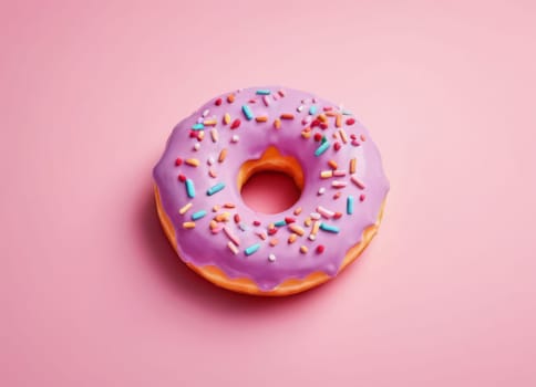 A simple and appetizing image of a donut with a glossy, smooth, pink icing and colorful candies on top, against a monochromatic pink background. The image showcases the texture and color of the donut, creating a sweet and delightful mood.