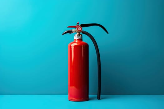 A red fire extinguisher stands on a blue background, space for text.