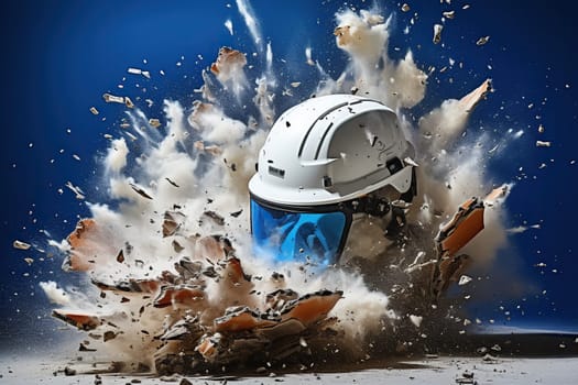 A whole white helmet in broken bricks on a green background. Industrial safety concept.