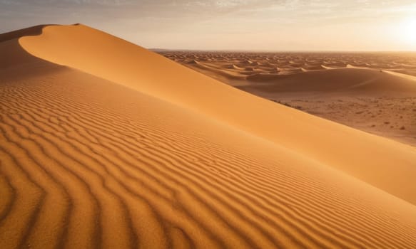 A breathtaking view of a golden sunset illuminating the serene desert landscape. The intricate patterns on the sand dunes are highlighted by the soft yet radiant glow of the setting sun. A moment of pure tranquility and natural beauty.