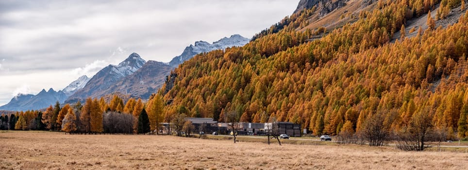 Scenic autumn landscape at lake Silvaplana near St. Moritz, Switzerland