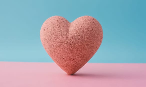 A textured heart shape stands prominently against a dual-tone background. The soft texture of the heart contrasts beautifully with the smooth blue and pink backdrop. Ideal for themes of love and romance.