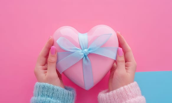 Hands delicately holding a pink heart-shaped gift box against a contrasting dual-tone background. The image evokes feelings of love and affection and is perfect for occasions like Valentine s Day or anniversaries.