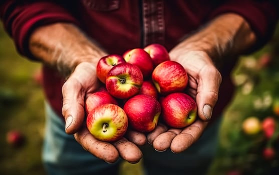 Embrace the essence of farming and natural goodness as senior hands lovingly hold red apples at home. A wholesome concept capturing the beauty of nature and fresh fruits.