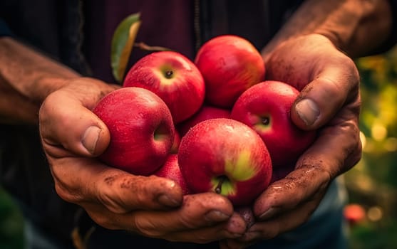 Embrace the essence of farming and natural goodness as senior hands lovingly hold red apples at home. A wholesome concept capturing the beauty of nature and fresh fruits.