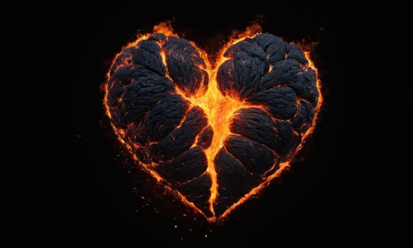 A heart ablaze with intense flames symbolizes passionate love. The dark backdrop accentuates the glowing embers and intricate details of the fiery heart. Ideal for expressing deep affection or romantic sentiments.