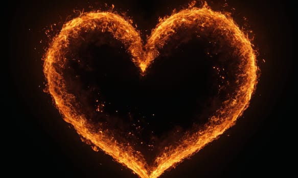 A heart ablaze with golden flames against a dark backdrop symbolizes intense love and passion. The fiery glow illuminates the intricate dance of flames that shape the heart. Ideal for expressing deep affection or romantic sentiments.