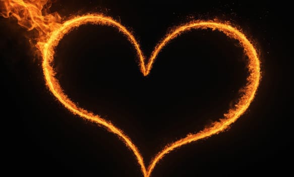 A heart ablaze with golden flames against a dark backdrop symbolizes intense love and passion. The fiery glow illuminates the intricate dance of flames that shape the heart. Ideal for expressing deep affection or romantic sentiments.