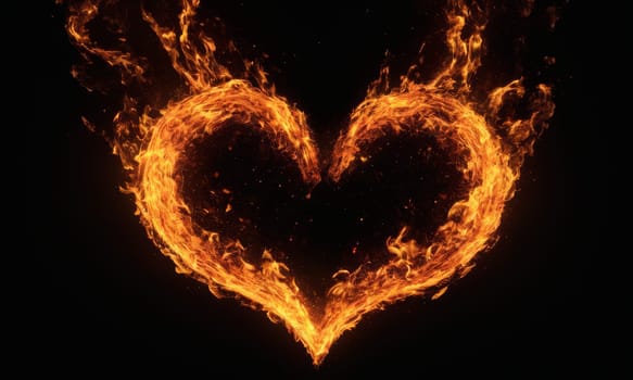 A heart ablaze with golden flames against a dark backdrop symbolizes intense love and passion. The fiery glow illuminates the intricate dance of flames that shape the heart. Ideal for expressing deep affection or romantic sentiments.