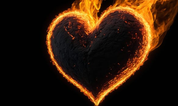 A heart ablaze with intense flames symbolizes passionate love. The dark backdrop accentuates the glowing embers and intricate details of the fiery heart. Ideal for expressing deep affection or romantic sentiments.