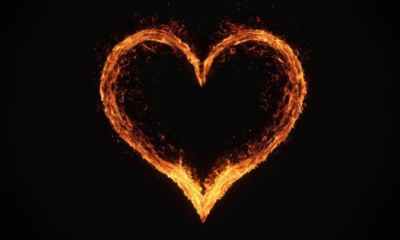 A heart ablaze with golden flames against a dark backdrop symbolizes intense love and passion. The fiery glow illuminates the intricate dance of flames that shape the heart. Ideal for expressing deep affection or romantic sentiments.