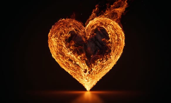 A heart ablaze with golden flames against a dark backdrop symbolizes intense love and passion. The fiery glow illuminates the intricate dance of flames that shape the heart. Ideal for expressing deep affection or romantic sentiments.