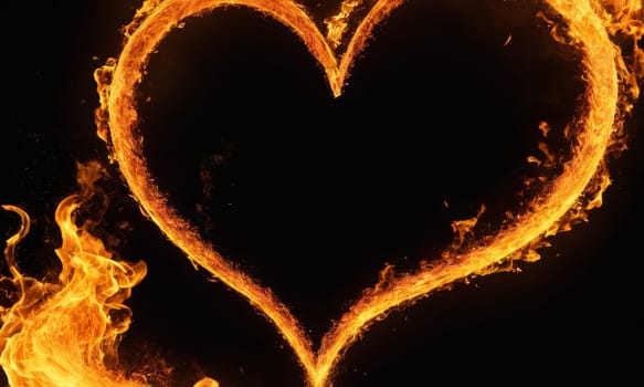 A heart ablaze with golden flames against a dark backdrop symbolizes intense love and passion. The fiery glow illuminates the intricate dance of flames that shape the heart. Ideal for expressing deep affection or romantic sentiments.