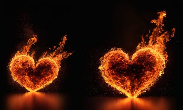 A heart ablaze with golden flames against a dark backdrop symbolizes intense love and passion. The fiery glow illuminates the intricate dance of flames that shape the heart. Ideal for expressing deep affection or romantic sentiments.