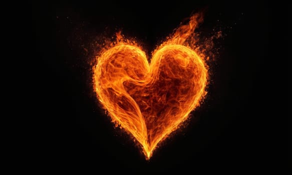 A heart ablaze with golden flames against a dark backdrop symbolizes intense love and passion. The fiery glow illuminates the intricate dance of flames that shape the heart. Ideal for expressing deep affection or romantic sentiments.