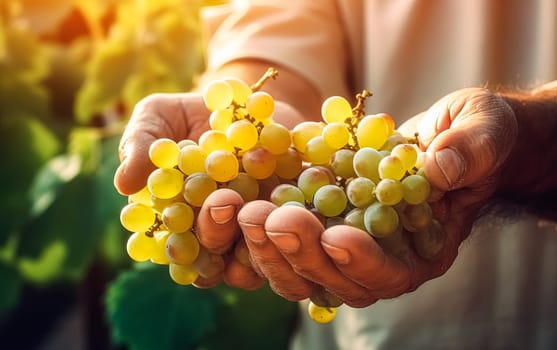 Embrace the essence of farming and natural goodness as senior hands lovingly hold bunch of grapes at home. A wholesome concept capturing the beauty of nature and fresh fruits.