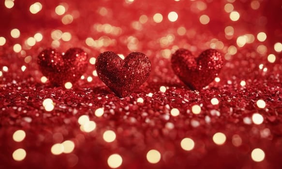 Glistening hearts rest amidst a shower of smaller heart shapes. The radiant glow and the deep red hue evoke a sense of warmth and affection. Ideal for expressing love and romance. Valentine's Day