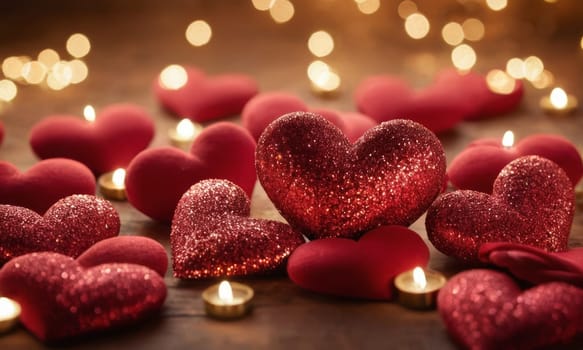 Glistening hearts rest amidst a shower of smaller heart shapes. The radiant glow and the deep red hue evoke a sense of warmth and affection. Ideal for expressing love and romance. Valentine's Day