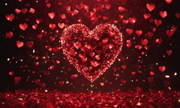 Glistening hearts rest amidst a shower of smaller heart shapes. The radiant glow and the deep red hue evoke a sense of warmth and affection. Ideal for expressing love and romance. Valentine's Day