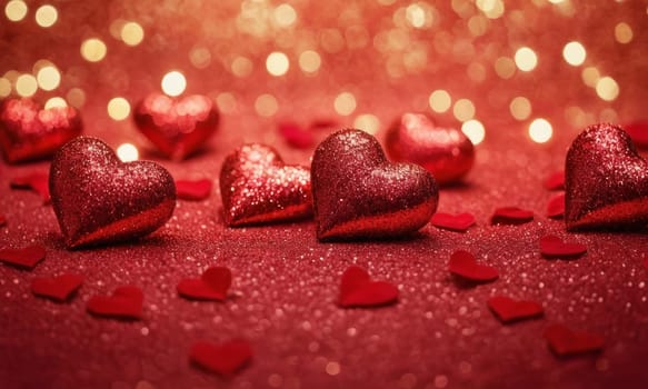 Glistening hearts rest amidst a shower of smaller heart shapes. The radiant glow and the deep red hue evoke a sense of warmth and affection. Ideal for expressing love and romance. Valentine's Day