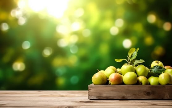 Fresh apples arranged on a rustic wooden table in a garden, providing a charming space for your text or design. A wholesome and inviting image celebrating natures bounty.