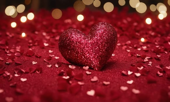 Glistening hearts rest amidst a shower of smaller heart shapes. The radiant glow and the deep red hue evoke a sense of warmth and affection. Ideal for expressing love and romance. Valentine's Day