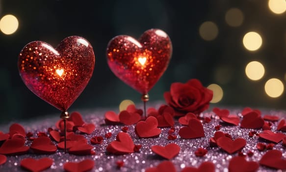 Glistening hearts rest amidst a shower of smaller heart shapes. The radiant glow and the deep red hue evoke a sense of warmth and affection. Ideal for expressing love and romance. Valentine's Day