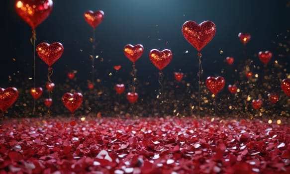 Glistening hearts rest amidst a shower of smaller heart shapes. The radiant glow and the deep red hue evoke a sense of warmth and affection. Ideal for expressing love and romance. Valentine's Day