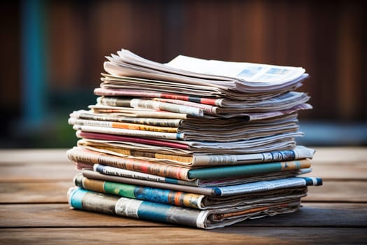 A stack of newspapers on a wooden table.