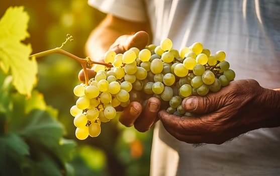 Embrace the essence of farming and natural goodness as senior hands lovingly hold bunch of grapes at home. A wholesome concept capturing the beauty of nature and fresh fruits.