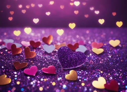 Two radiant red hearts rest on a dazzling purple surface illuminated by soft bokeh lights. A scene capturing the essence of love and romance. Ideal for Valentine s Day or expressing affection