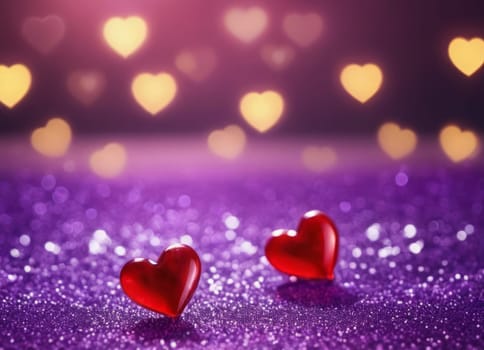 Two radiant red hearts rest on a dazzling purple surface illuminated by soft bokeh lights. A scene capturing the essence of love and romance. Ideal for Valentine s Day or expressing affection