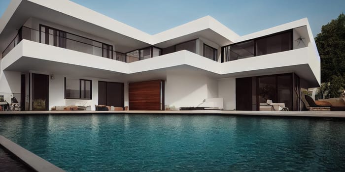 Luxury pool villa spectacular contemporary design digital art real estate , home, house and property, Generative AI illustration.