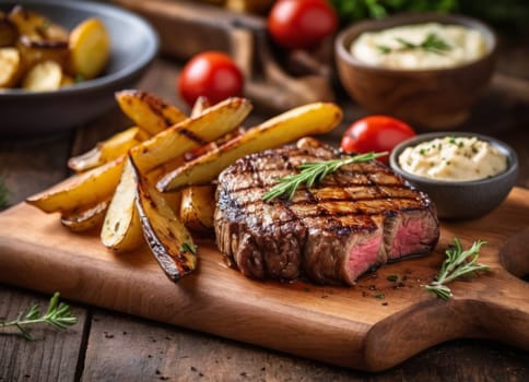 A delicious and appetizing meal, focusing on a grilled steak that is complemented by various sides. The steak is cooked to medium-rare perfection and garnished with herbs. The fries are crispy and seasoned, and the tomatoes are fresh and juicy. The meal is presented on a wooden board and table, giving the scene a cozy and homely atmosphere.