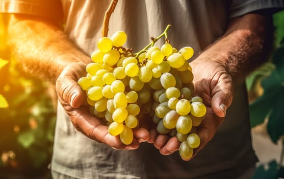 Embrace the essence of farming and natural goodness as senior hands lovingly hold bunch of grapes at home. A wholesome concept capturing the beauty of nature and fresh fruits.