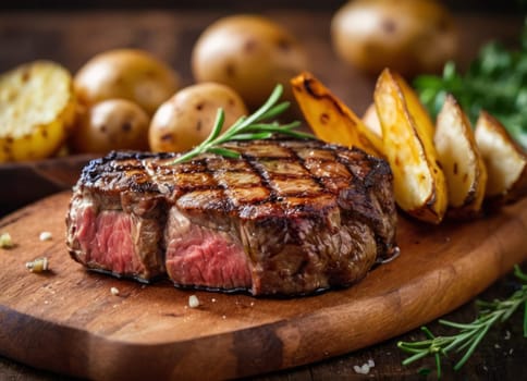 A delicious and appetizing meal, focusing on a grilled steak that is complemented by various sides. The steak is cooked to medium-rare perfection and garnished with herbs. The fries are crispy and seasoned, and the tomatoes are fresh and juicy. The meal is presented on a wooden board and table, giving the scene a cozy and homely atmosphere.