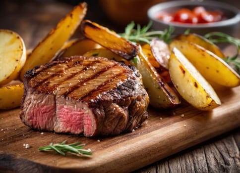 A delicious and appetizing meal, focusing on a grilled steak that is complemented by various sides. The steak is cooked to medium-rare perfection and garnished with herbs. The fries are crispy and seasoned, and the tomatoes are fresh and juicy. The meal is presented on a wooden board and table, giving the scene a cozy and homely atmosphere.