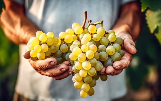 Embrace the essence of farming and natural goodness as senior hands lovingly hold bunch of grapes at home. A wholesome concept capturing the beauty of nature and fresh fruits.