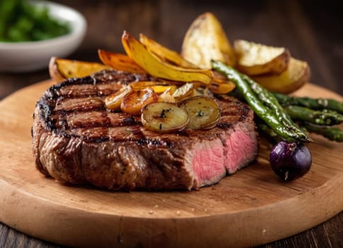 A delicious and appetizing meal, focusing on a grilled steak that is complemented by various sides. The steak is cooked to medium-rare perfection and garnished with herbs. The fries are crispy and seasoned, and the tomatoes are fresh and juicy. The meal is presented on a wooden board and table, giving the scene a cozy and homely atmosphere.