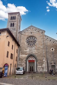 Portal of basilica San Fedele in the city center of Como, Italy