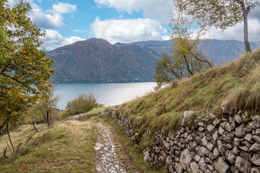 Hiking up a mountain at lake Como near Tremezzo, Italy