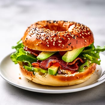 Savor breakfast bliss with a delectable burger featuring prosciutto, cream cheese, avocado, and lettuce. A tantalizing close up capturing the essence of a delightful sandwich or bagel with ham.