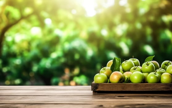 Fresh apples arranged on a rustic wooden table in a garden, providing a charming space for your text or design. A wholesome and inviting image celebrating natures bounty.