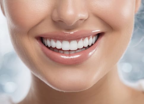 A close-up image capturing a radiant and confident smile. The individual s teeth are perfectly white and well-aligned showcasing optimal oral health and beauty. Ideal for dental care and beauty promotions.