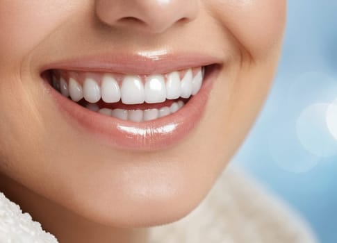 A close-up image capturing a radiant and confident smile. The individual s teeth are perfectly white and well-aligned showcasing optimal oral health and beauty. Ideal for dental care and beauty promotions.