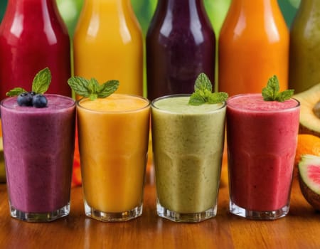A vibrant display of four different flavored fresh fruit smoothies. Each glass is topped with a variety of fruits and placed against a backdrop of lush greenery. The image exudes freshness and the invigorating essence of natural ingredients.