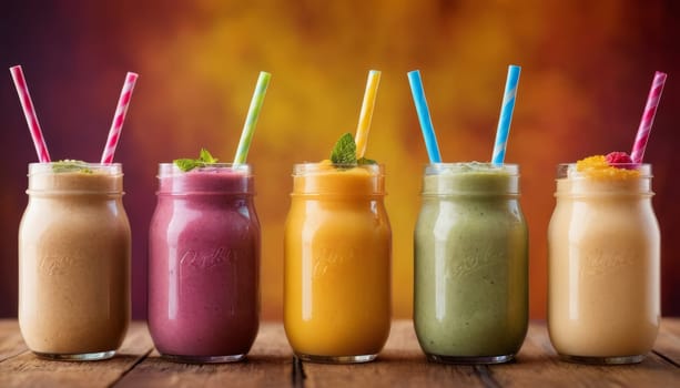 A vibrant collection of different flavored fruit smoothies garnished with fresh mint leaves. Each glass showcases a rich and appetizing color representing the fresh ingredients blended to perfection. Ideal for a healthy and refreshing treat.