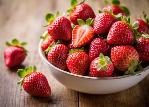 Fresh, ripe strawberries in a bowl and next to it on a wooden surface. Strawberries are red in color and have a juicy texture, garnished with seeds and herbs. The bowl is white and simple, highlighting the natural beauty of the fruit. Natural light illuminates the scene, creating soft shadows and shine on the surface of the strawberry.